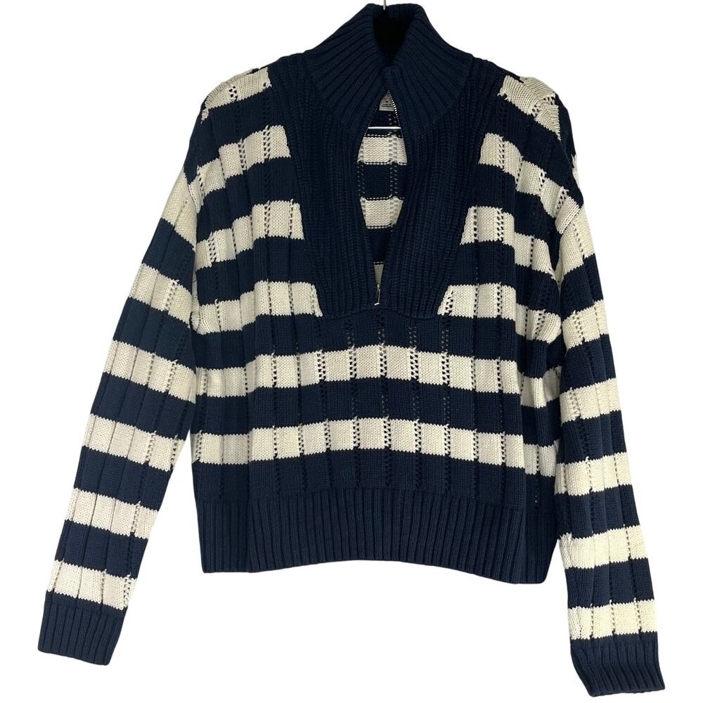 A New Day Navy White Striped Quarter Zip Mock Neck Sweater Size M